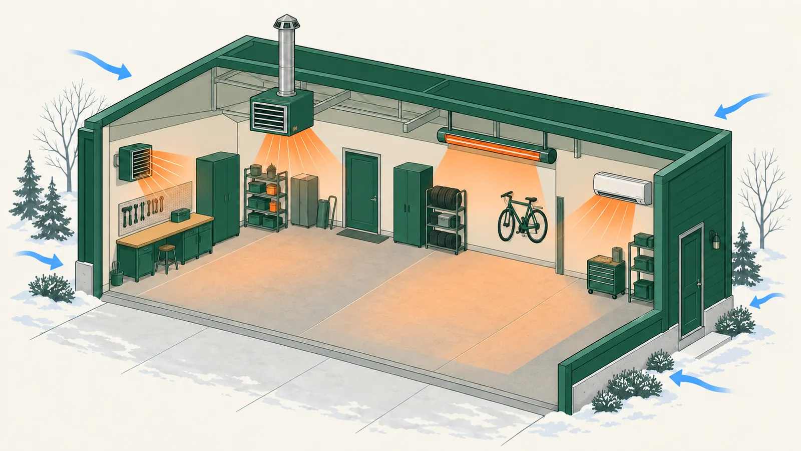 Cutaway of a two-car garage showing a gas unit heater, an electric heater, an infrared tube and a mini split
