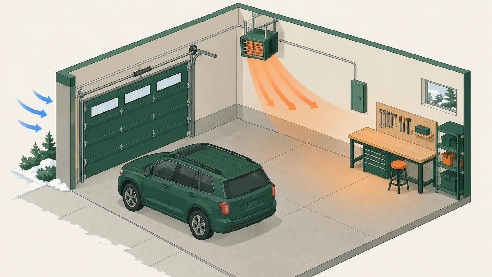 Ceiling-mounted electric heater in a garage, wired to the electrical panel