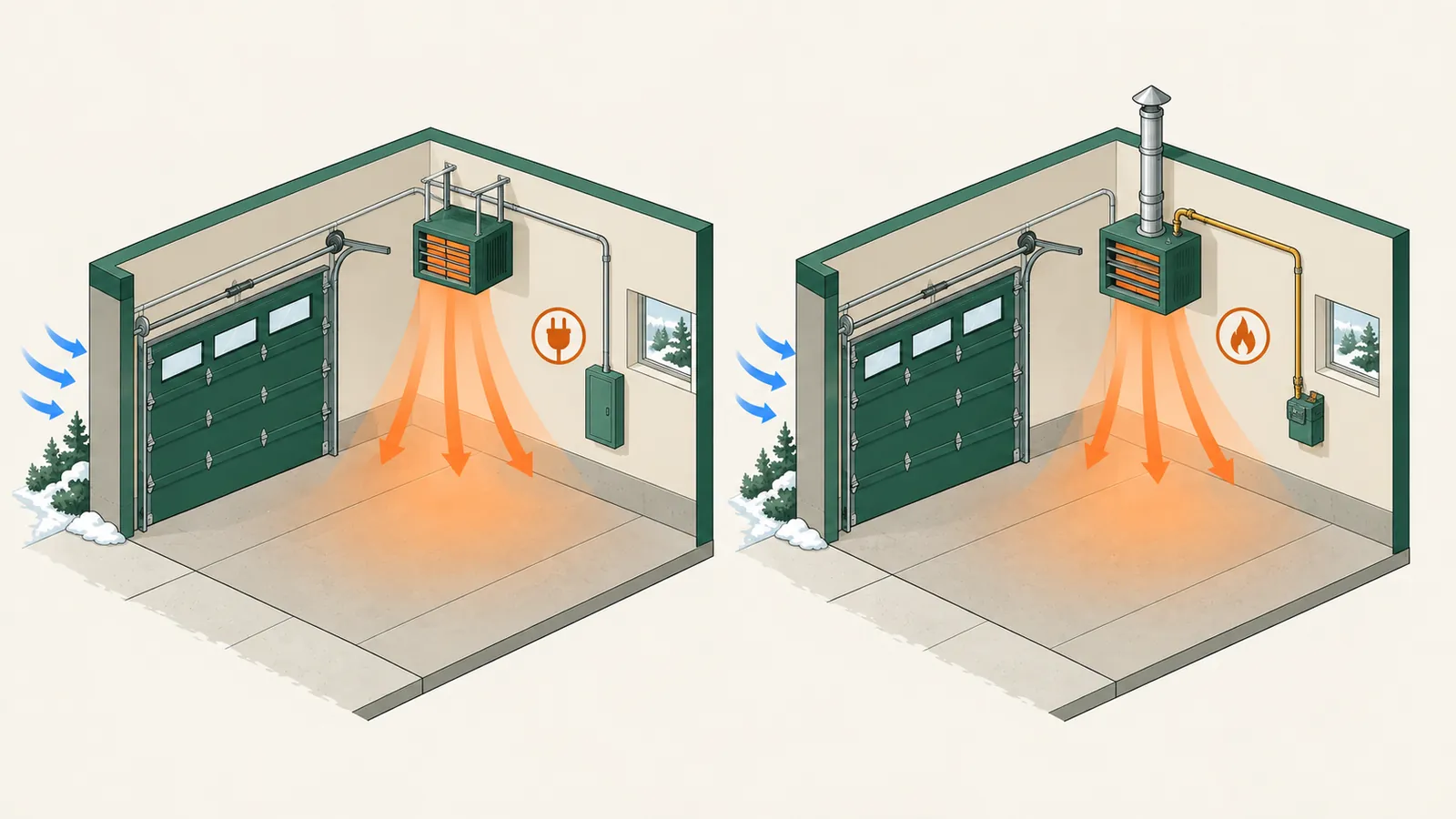 A gas garage heater and an electric garage heater side by side