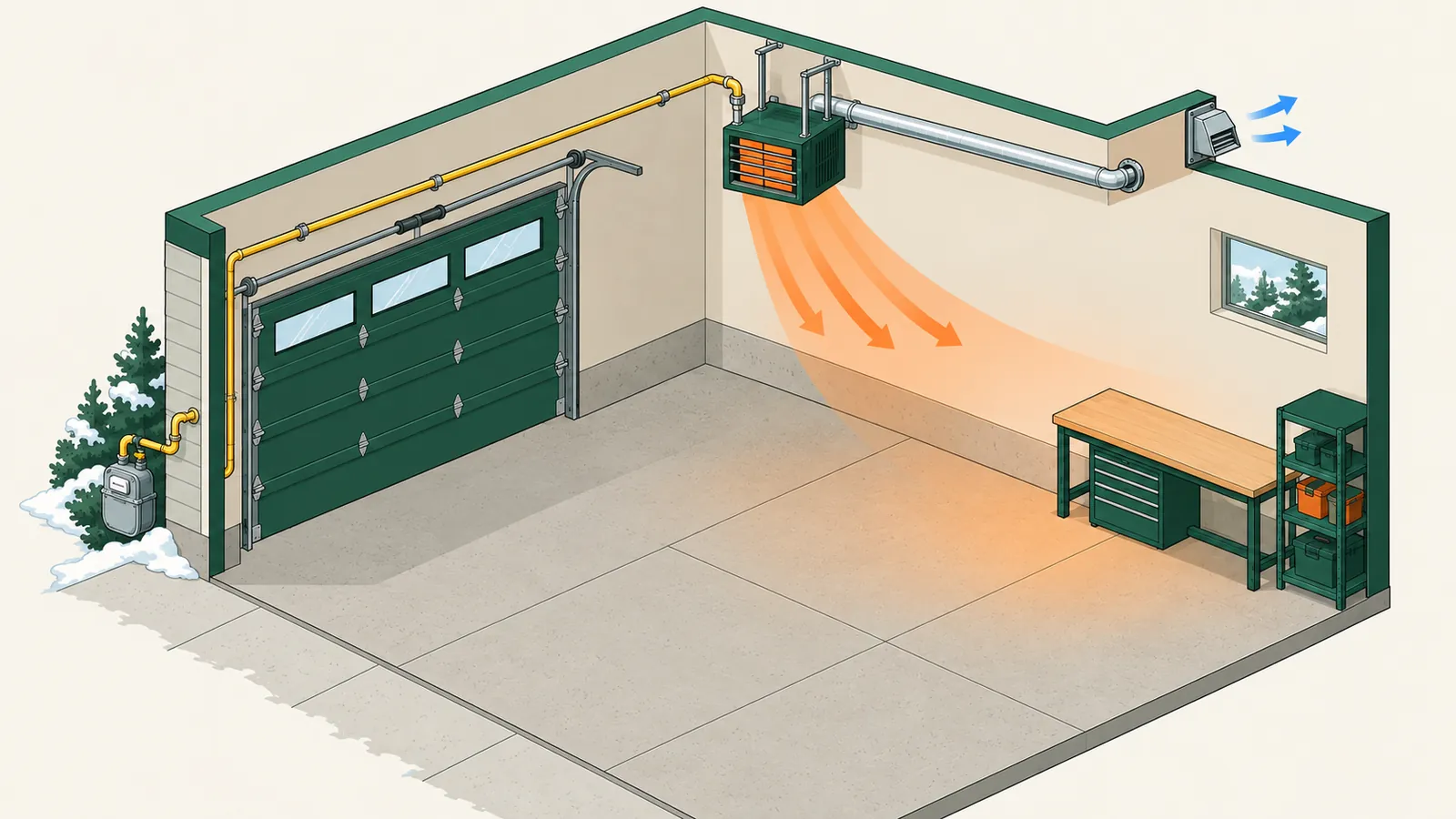 Natural gas unit heater hung in a garage corner with its gas line and wall vent