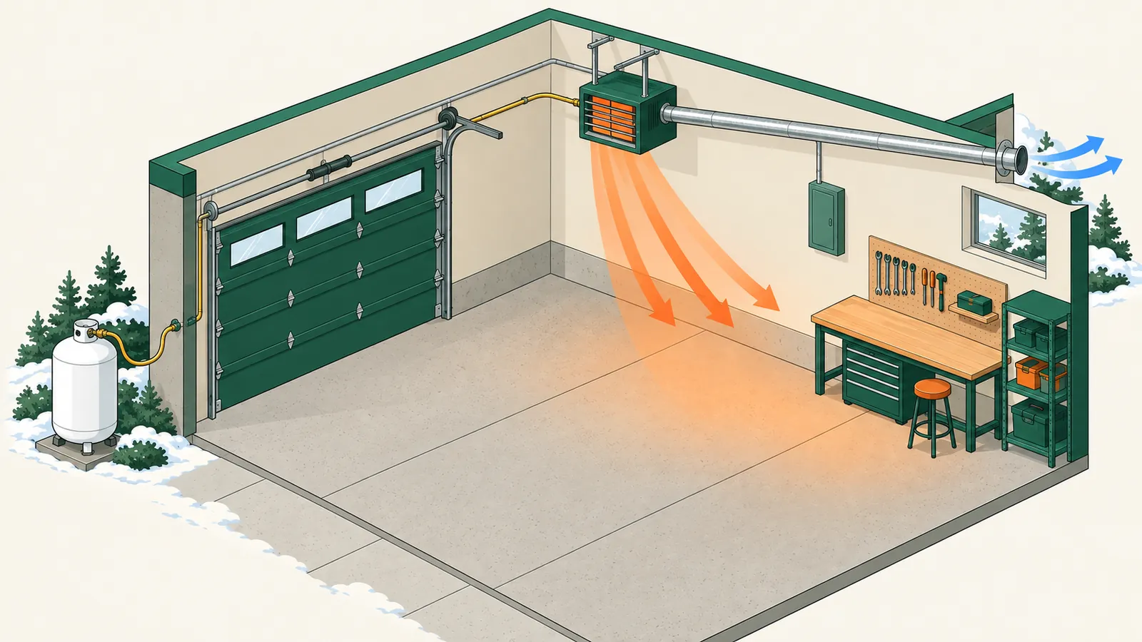 Vented propane unit heater inside a garage with an outdoor propane tank