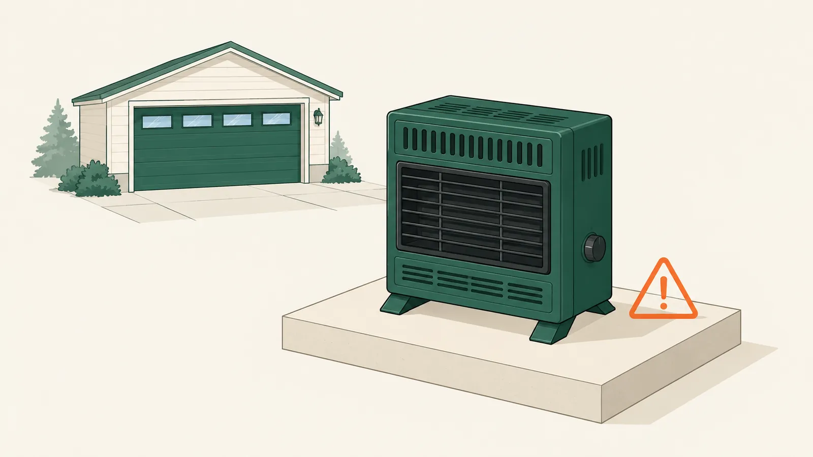 An unlit ventless heater displayed separately from a garage with a caution symbol